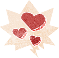 dibujos animados amor corazones con habla burbuja en grunge afligido retro texturizado estilo png