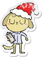 cute hand drawn distressed sticker cartoon of a dog wearing office shirt wearing santa hat png