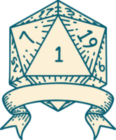 Retro Tattoo Style natural one d20 dice roll png