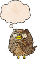 cartoon wise old owl with thought bubble in grunge texture style png