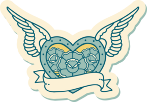 sticker of tattoo in traditional style of a flying heart with flowers and banner png