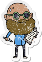distressed sticker of a cartoon worried man with beard and sunglasses taking survey png