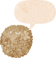 cartoon biscuit with speech bubble in grunge distressed retro textured style png