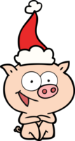 cheerful sitting pig hand drawn line drawing of a wearing santa hat png