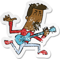 retro distressed sticker of a cartoon man playing electric guitar png