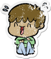 distressed sticker of a cartoon laughing boy png