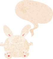 cute cartoon rabbit with speech bubble in grunge distressed retro textured style png