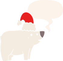 cartoon bear wearing christmas hat with speech bubble in retro style png