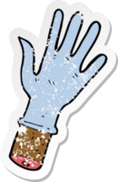 retro distressed sticker of a cartoon hand with rubber glove png