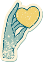 iconisch verontrust sticker tatoeëren stijl beeld van een hand- Holding een hart png