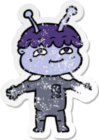 distressed sticker of a friendly cartoon spaceman with open arms png