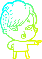 cold gradient line drawing of a cartoon surprised girl pointing png