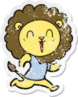 distressed sticker of a laughing lion cartoon png