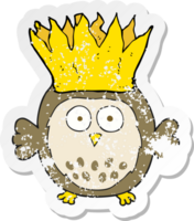 retro distressed sticker of a cartoon owl wearing paper crown christmas hat png