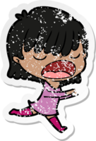 distressed sticker of a cartoon woman talking loudly png