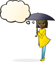 Cartoon-Frau mit Regenschirm mit Gedankenblase png