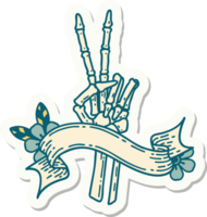 tattoo style sticker with banner of a skeleton giving a peace sign png