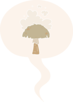 cartoon mushroom with spore cloud with speech bubble in retro style png