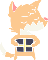 friendly flat color style cartoon fox with christmas present png