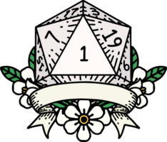 Retro Tattoo Style natural one d20 dice roll png