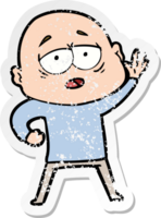 distressed sticker of a cartoon tired bald man png