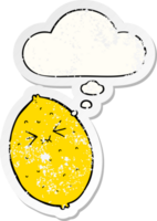 dessin animé amer citron avec pensée bulle comme une affligé usé autocollant png