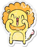 distressed sticker of a happy cartoon lion png