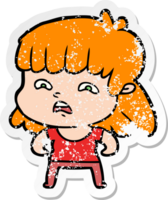 distressed sticker of a cartoon worried woman png