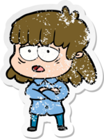 distressed sticker of a cartoon tired woman png