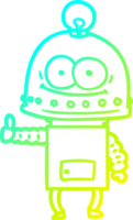 cold gradient line drawing of a happy carton robot with light bulb png