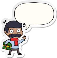cartoon man with mustache and christmas present with speech bubble sticker png