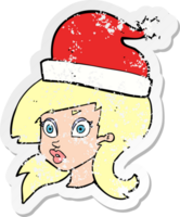 retro distressed sticker of a cartoon woman wearing christmas hat png