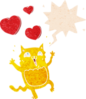 dessin animé chat fou dans l'amour avec discours bulle dans grunge affligé rétro texturé style png