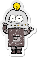 distressed sticker of a happy carton robot with light bulb png