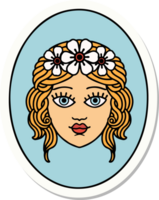 sticker of tattoo in traditional style of a maiden with crown of flowers png