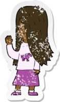 retro distressed sticker of a cartoon girl with pony shirt waving png