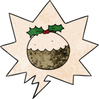 cartoon christmas pudding with speech bubble in retro texture style png