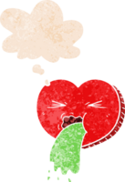 dibujos animados amor enfermo corazón con pensamiento burbuja en grunge afligido retro texturizado estilo png