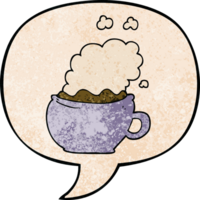 cartoon hot cup of coffee with speech bubble in retro texture style png