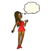 cartoon woman in pink dress with thought bubble png