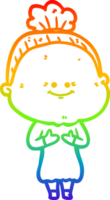 rainbow gradient line drawing of a cartoon happy old woman png