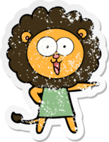 distressed sticker of a happy cartoon lion png