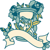 tatuagem tradicional com banner de uma ampulheta e flores png