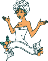 tatuaje al estilo tradicional de una pinup girl en toalla con pancarta png