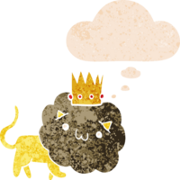dessin animé Lion avec couronne avec pensée bulle dans grunge affligé rétro texturé style png