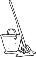 hand drawn black and white cartoon mop and bucket png