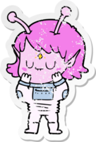 distressed sticker of a cartoon alien girl png