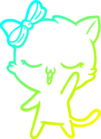 cold gradient line drawing of a cartoon cat with bow on head waving png