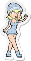 sticker of a cartoon pretty girl in hat waving png