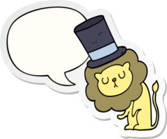 fofa desenho animado leão vestindo topo chapéu com discurso bolha adesivo png